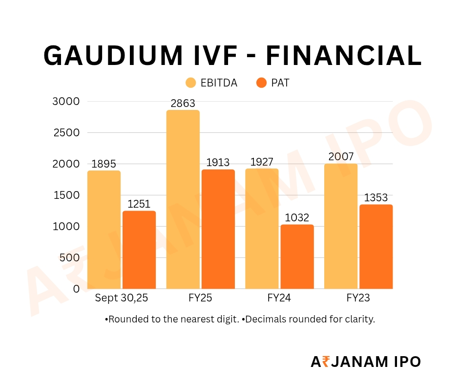 Gaudium IVF and Women Health IPO financial performance summary showing EBITDA and PAT from FY2023 to FY2025 – Arjanam IPO